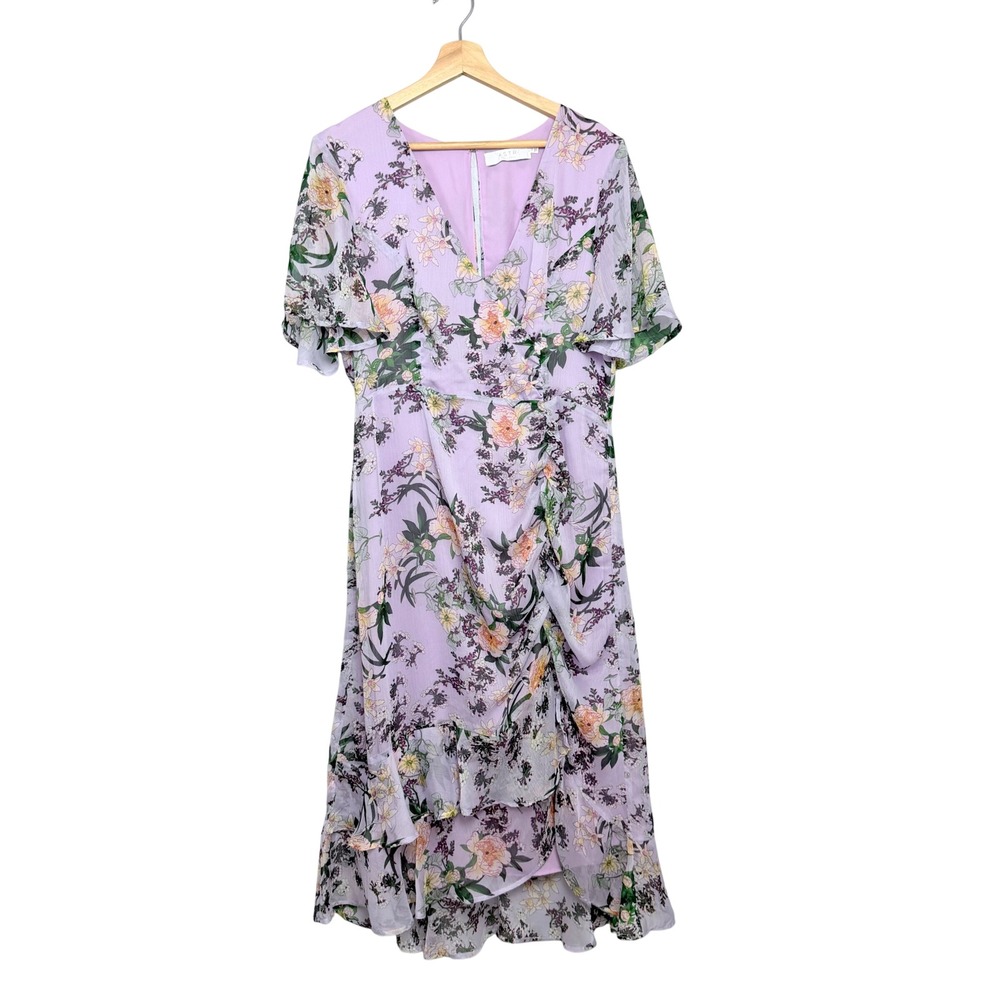 ASTR The Label Lavender Floral Ruched Ruffle Flutter Sleeve Midi Dress XL